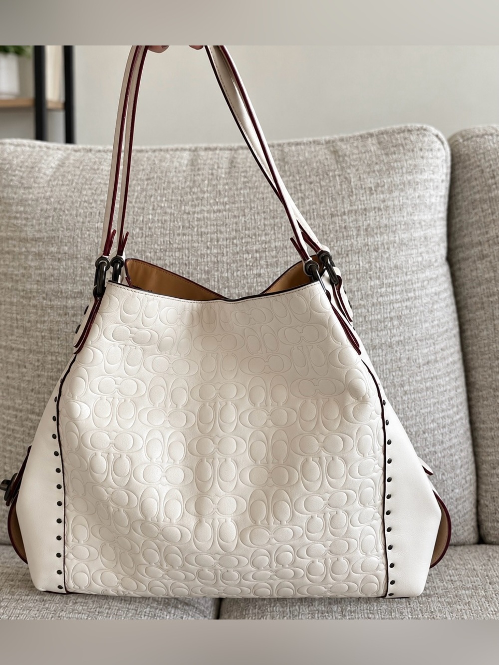 Coach Ivory Embossed Signature Leather Tote Bag